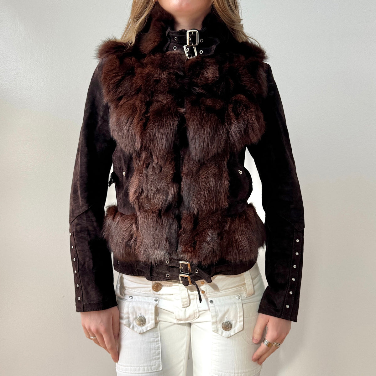 Brown Warm Tone Fox Fur Trim Suede Buckle Moto Jacket