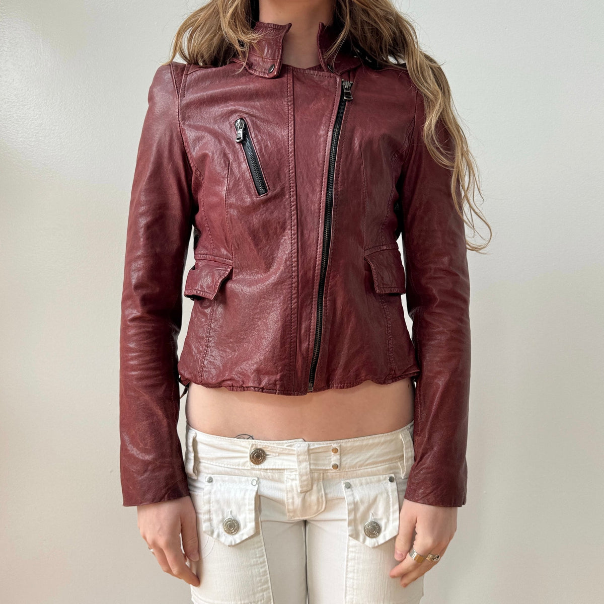 Burgundy Leather Asymmetrical Zip Cropped Moto Jacket