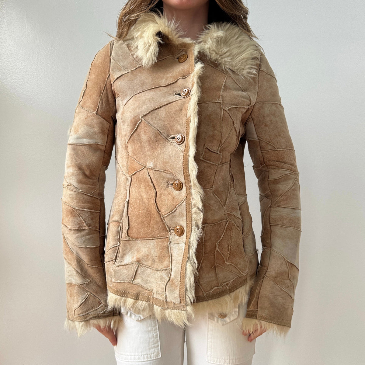 Tan Patchwork Suede Sherpa Trim Coat