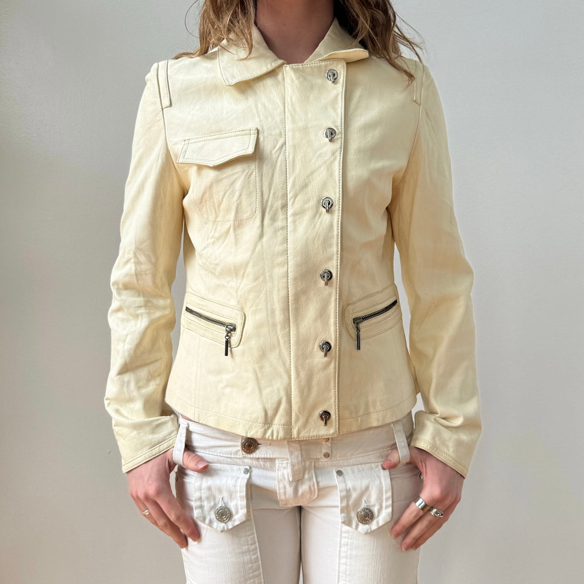 Italian Cream Leather Asymmetrical Button Moto Jacket