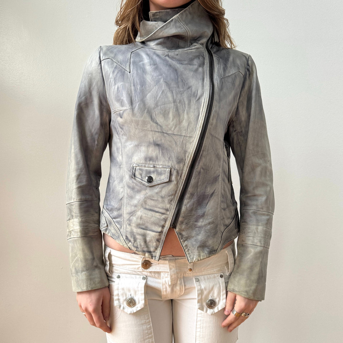 Grey Distressed Leather Asymmetrical Zip Moto Jacket