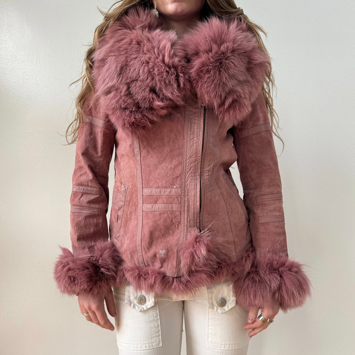 Mauve Pink Fox Fur Trim Suede Asymmetrical Moto Jacket [AS IS]