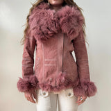 Mauve Pink Fox Fur Trim Suede Asymmetrical Moto Jacket [AS IS]