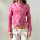 Bubblegum Pink Leather Asymmetrical Fitted Cropped Moto Jacket