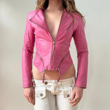 Bubblegum Pink Leather Asymmetrical Fitted Cropped Moto Jacket