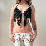 Black Leather Fringe Halter Bralette
