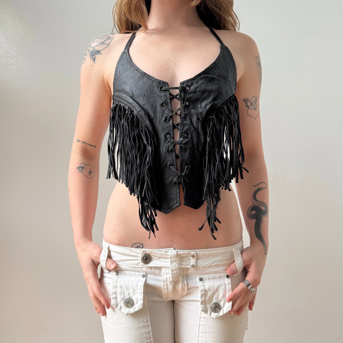 Black Leather Fringe Lace Up Halter Tank