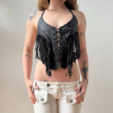 Black Leather Fringe Lace Up Halter Tank