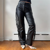 Black Leather Fringe Mid Rise Flare Pants