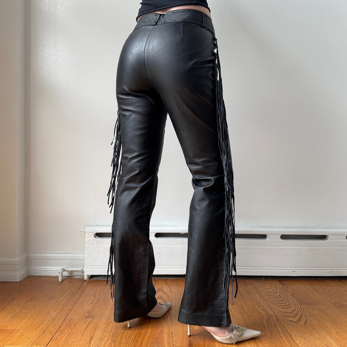 Black Leather Fringe Mid Rise Flare Pants