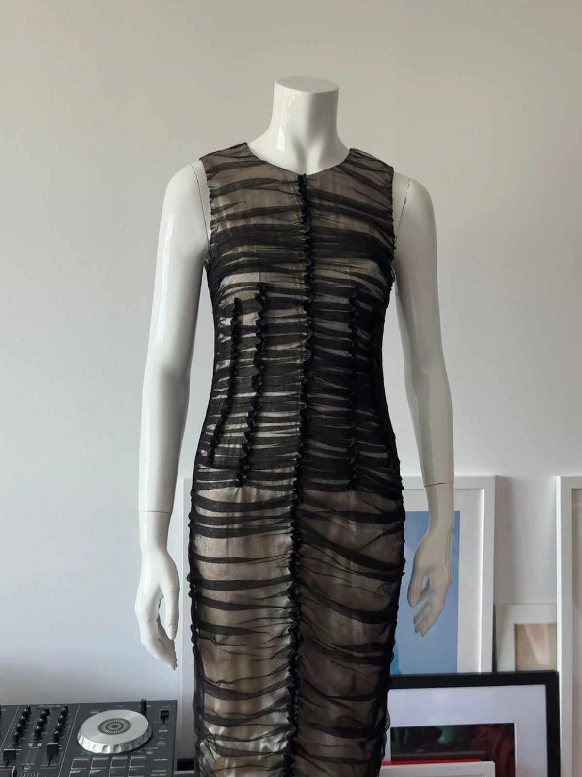 DOLCE & GABBANA Black Mesh Ruched Midi Dress Sz IT 42