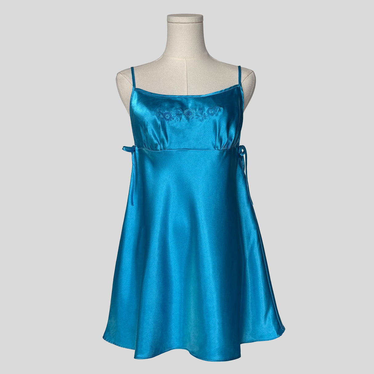Silky embroidered slip dress with matching panties in blue