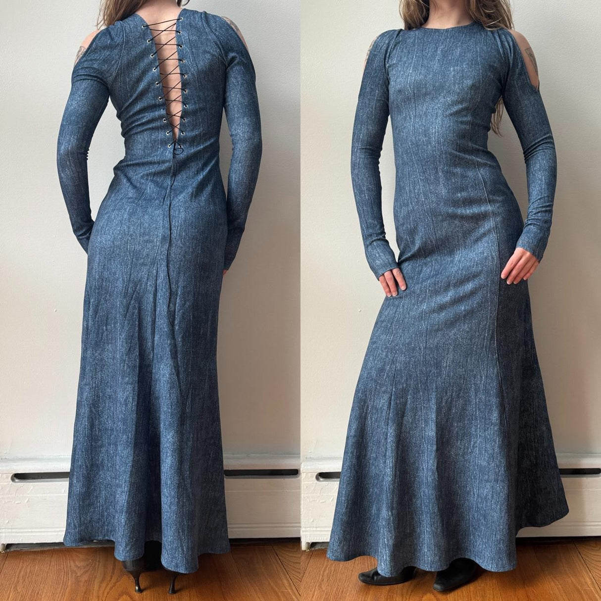 Italian Denim Corseted Back Maxi Mermaid Dress