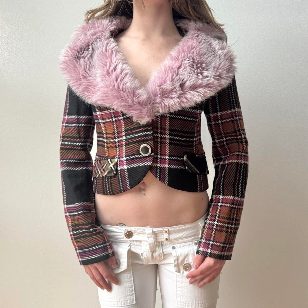 Italian Pink Plaid Fur Trim Cropped Blazer