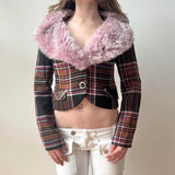 Italian Pink Plaid Fur Trim Cropped Blazer