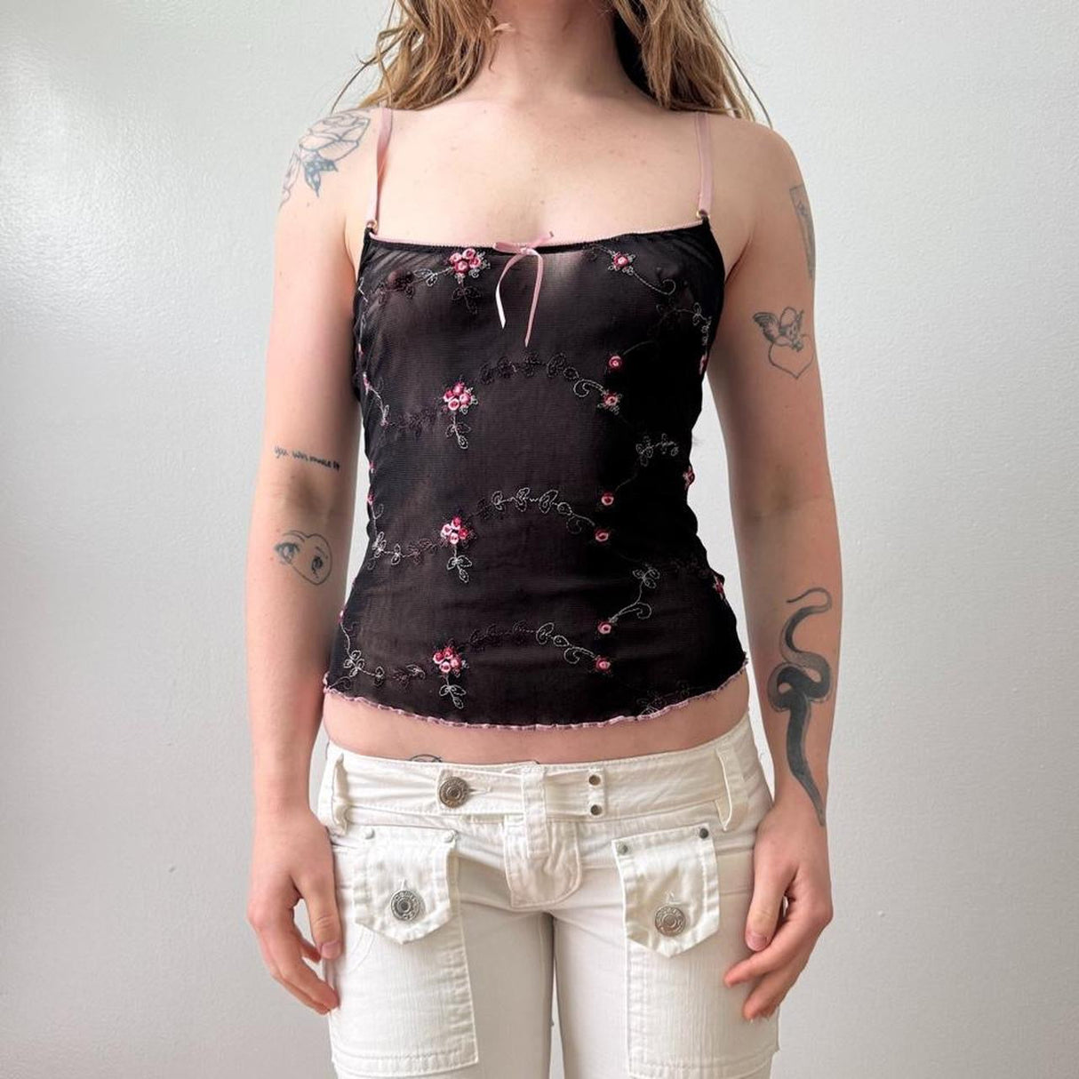 Italian Pink Black Floral Sheer Mesh Tank