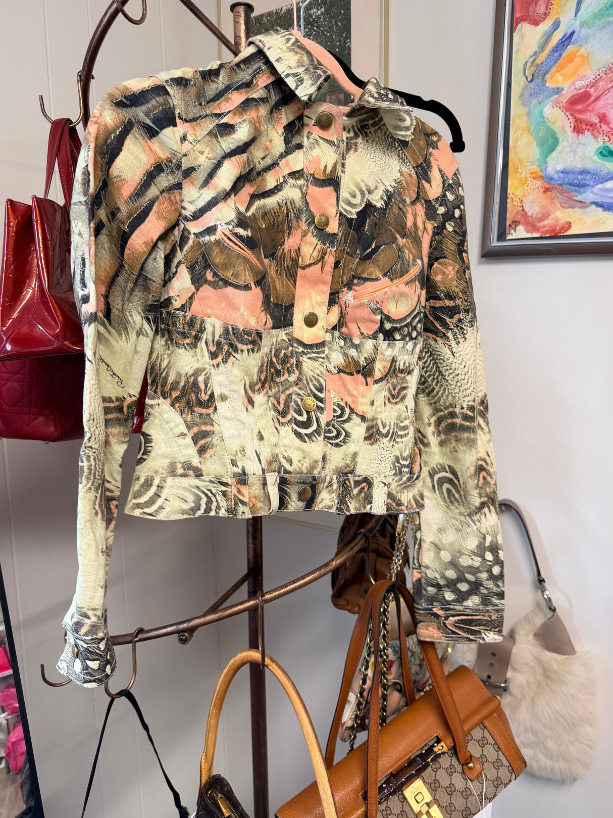 Roberto Cavalli Pink and Brown Animal Print Denim Jacket