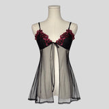 Embroidered split front mesh babydoll