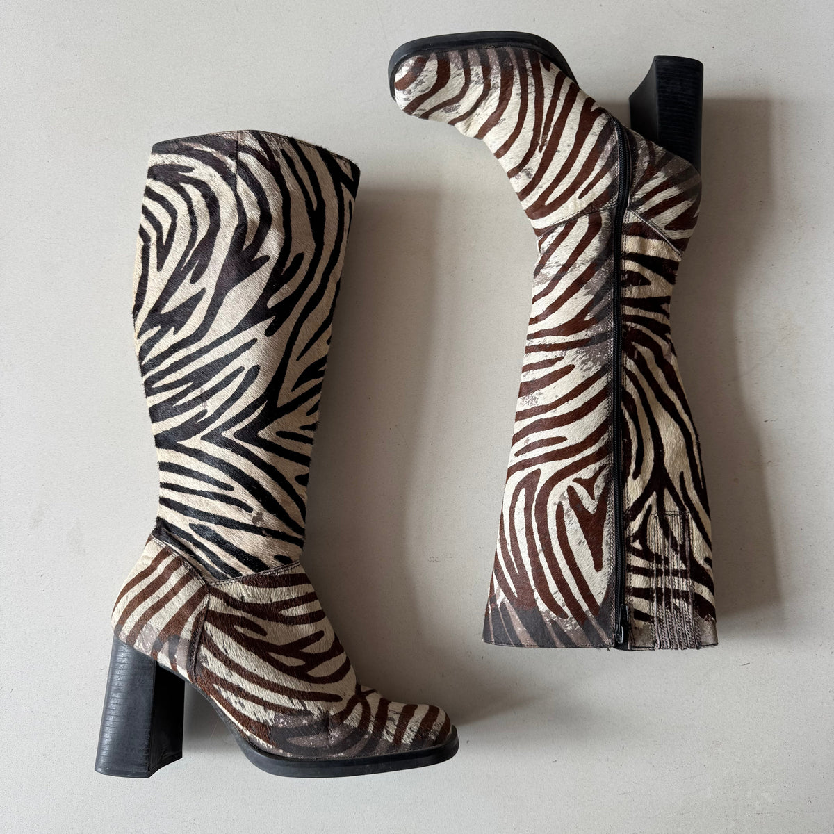 Black Brown Zebra Print Pony Hair Chunky Boots