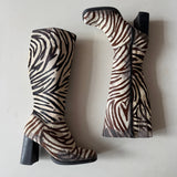 Black Brown Zebra Print Pony Hair Chunky Boots