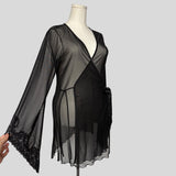 Sheer bell sleeve wrap robe with lace trim