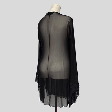 Sheer bell sleeve wrap robe with lace trim