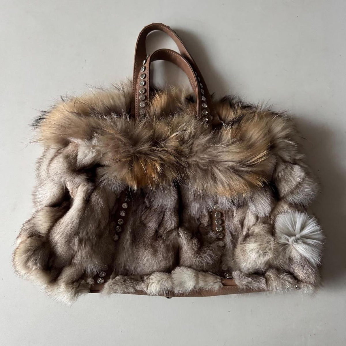 Brown Cream Fox Fur Studded Leather Purse