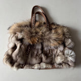 Brown Cream Fox Fur Studded Leather Purse