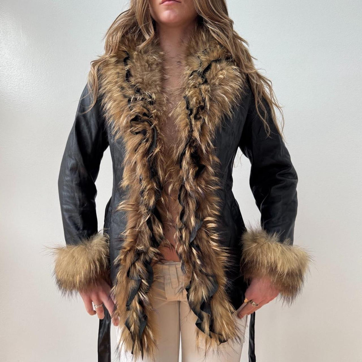 Black Leather Tan Fur Trim Tie Waist Leather Trench Coat