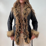 Black Leather Tan Fur Trim Tie Waist Leather Trench Coat