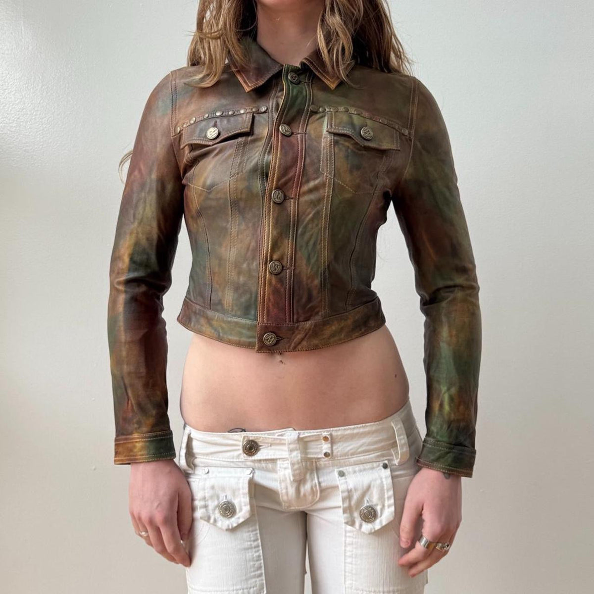 Olive Burgundy Patinaed Cropped Fitted Moto Jacket