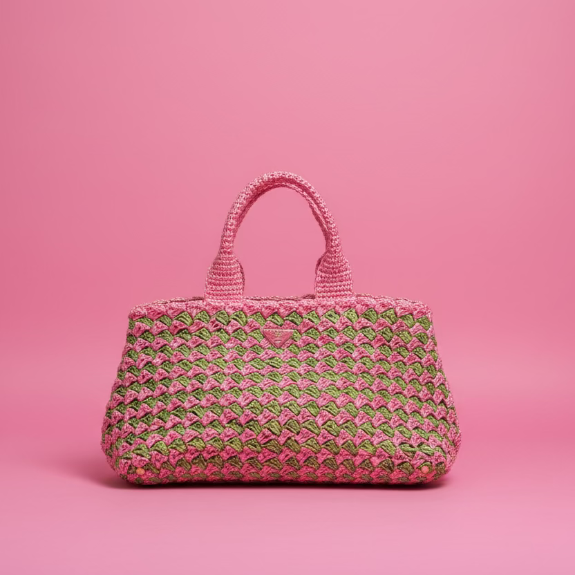 Prada Canapa Raffia Tote Pink Green