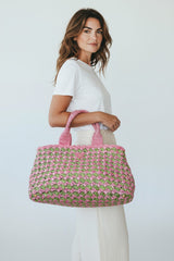 Prada Canapa Raffia Tote Pink Green