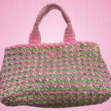 Prada Canapa Raffia Tote Pink Green