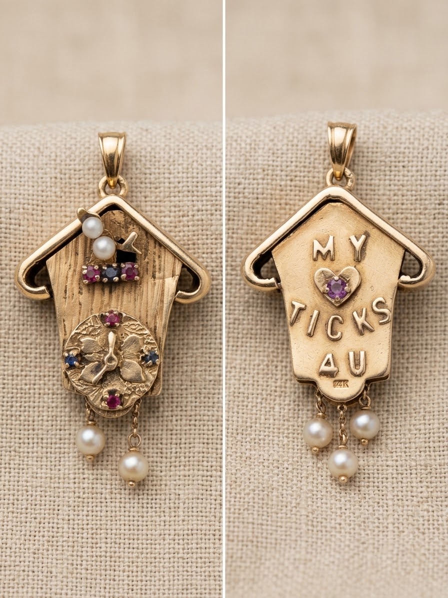 14k Gold Articulated Cuckoo Clock Charm with Seed Pearl, Ruby and Sapphire Accents