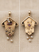 14k Gold Articulated Cuckoo Clock Charm with Seed Pearl, Ruby and Sapphire Accents
