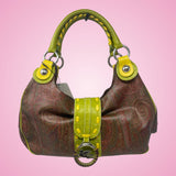 Etro Brown Paisley with Neon Leather Accent Handles & Trim Hobo Shoulder Bag