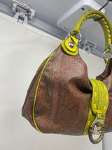 Etro Brown Paisley with Neon Leather Accent Handles & Trim Hobo Shoulder Bag