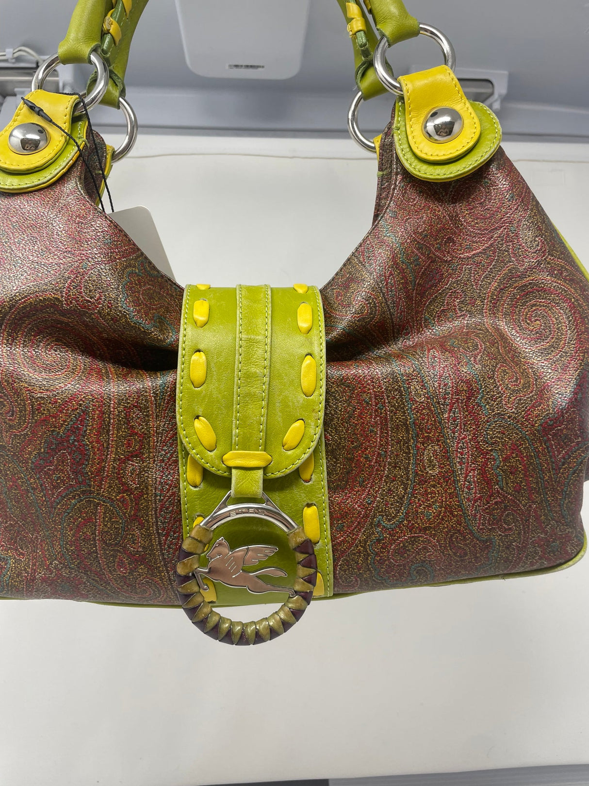 Etro Brown Paisley with Neon Leather Accent Handles & Trim Hobo Shoulder Bag