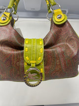 Etro Brown Paisley with Neon Leather Accent Handles & Trim Hobo Shoulder Bag