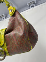 Etro Brown Paisley with Neon Leather Accent Handles & Trim Hobo Shoulder Bag