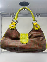 Etro Brown Paisley with Neon Leather Accent Handles & Trim Hobo Shoulder Bag