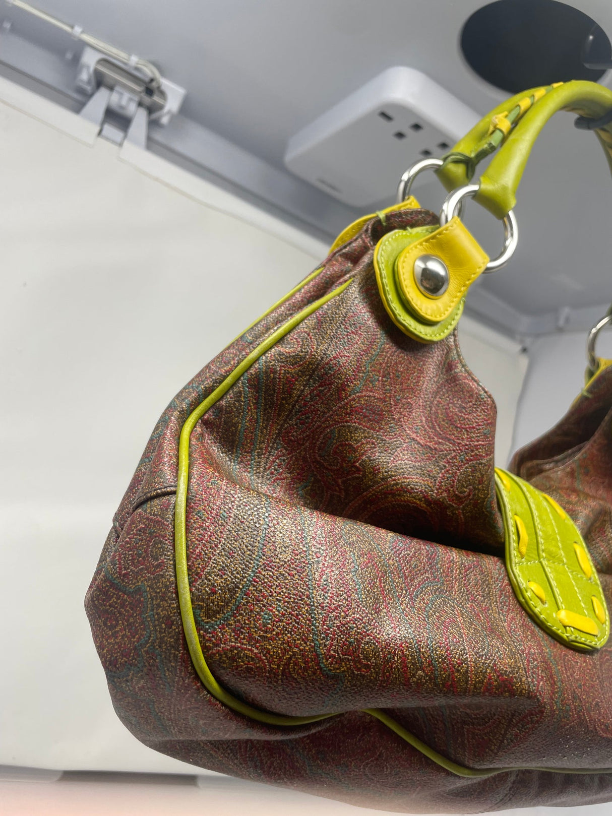 Etro Brown Paisley with Neon Leather Accent Handles & Trim Hobo Shoulder Bag