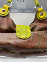Etro Brown Paisley with Neon Leather Accent Handles & Trim Hobo Shoulder Bag