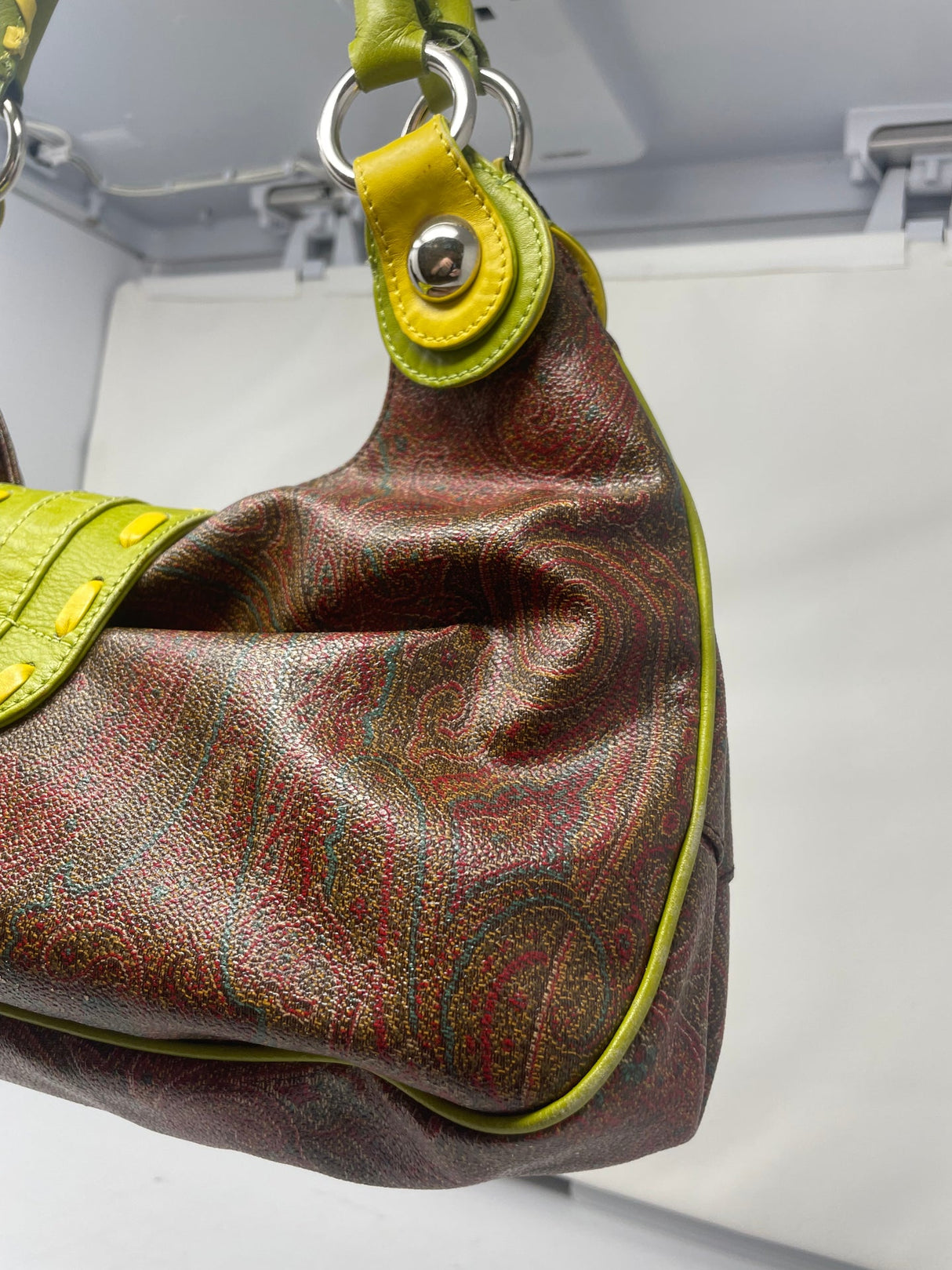 Etro Brown Paisley with Neon Leather Accent Handles & Trim Hobo Shoulder Bag