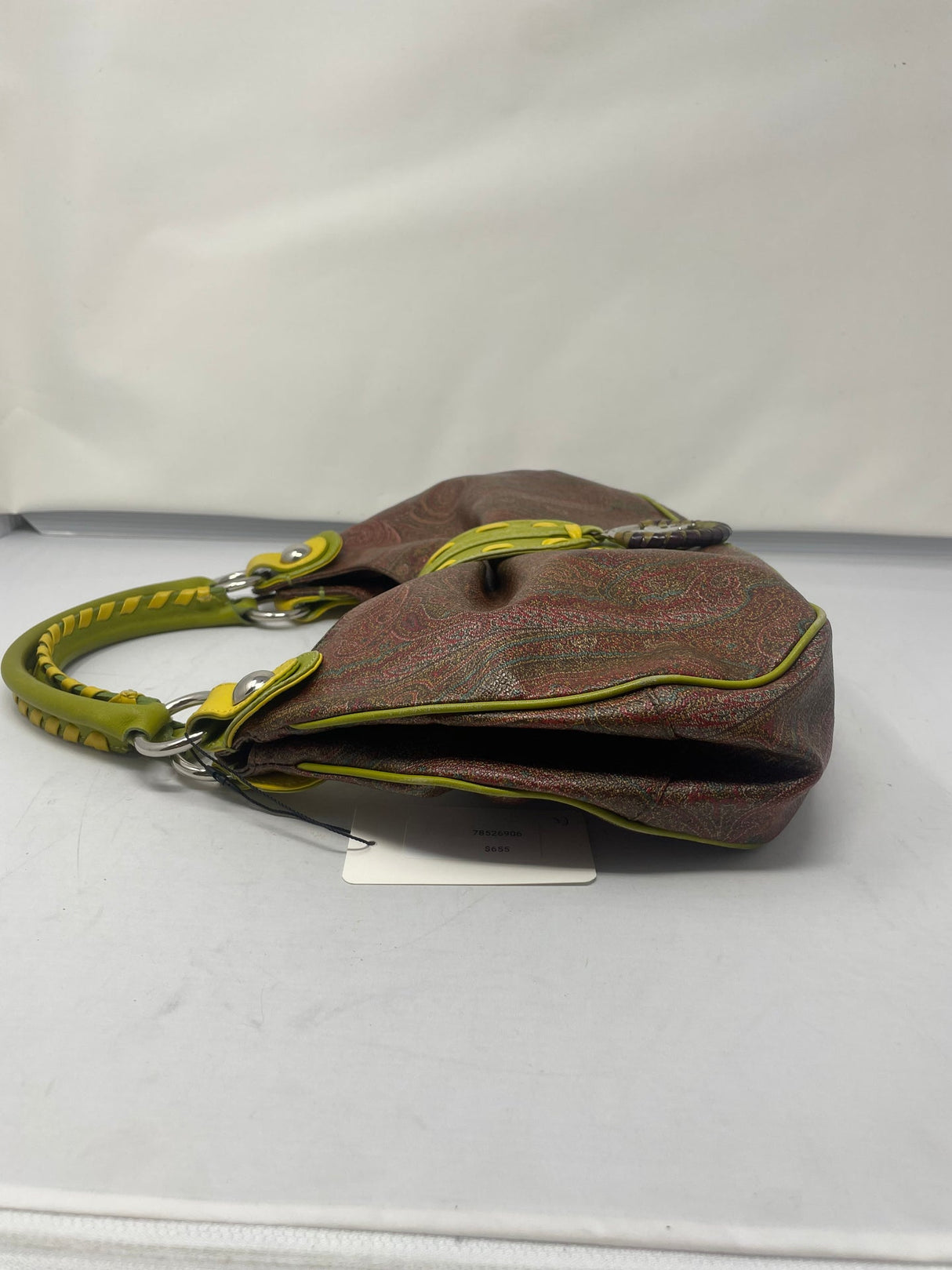Etro Brown Paisley with Neon Leather Accent Handles & Trim Hobo Shoulder Bag