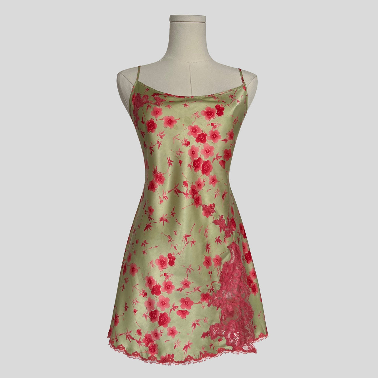 Fairy lace trim slip dress in green cherry blossom floral
