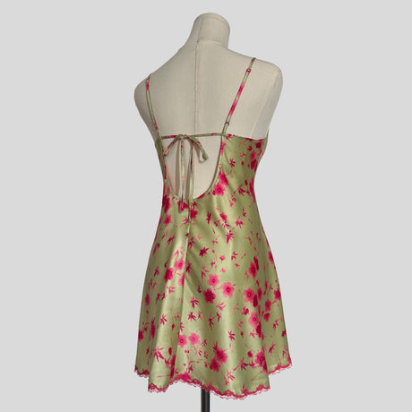 Fairy lace trim slip dress in green cherry blossom floral