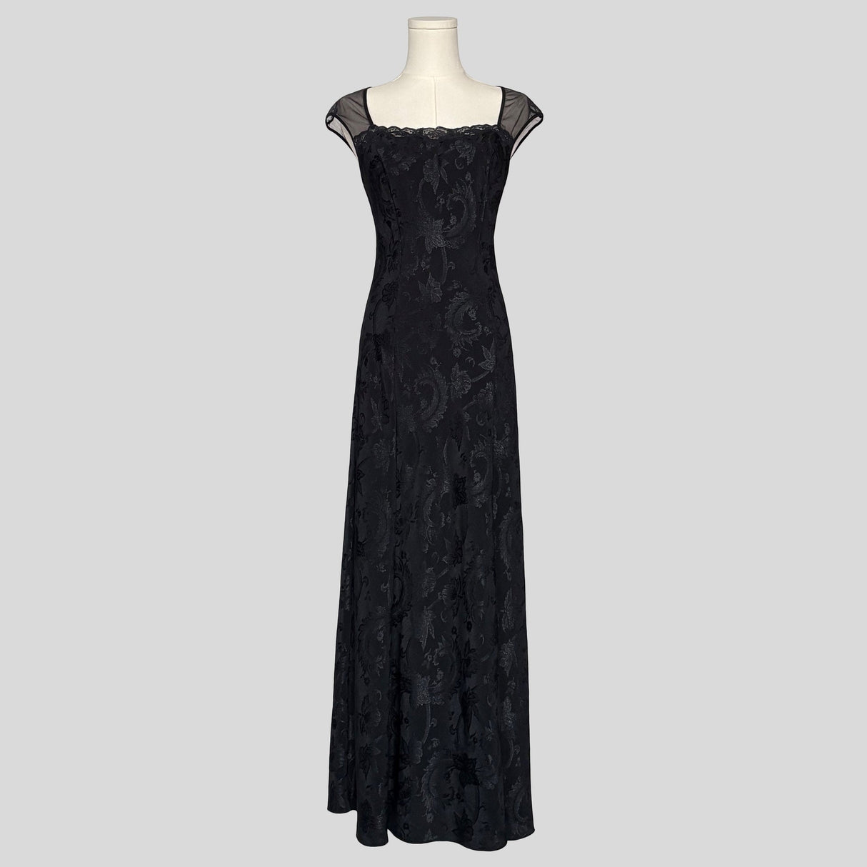 Brocade floral sheer back gown
