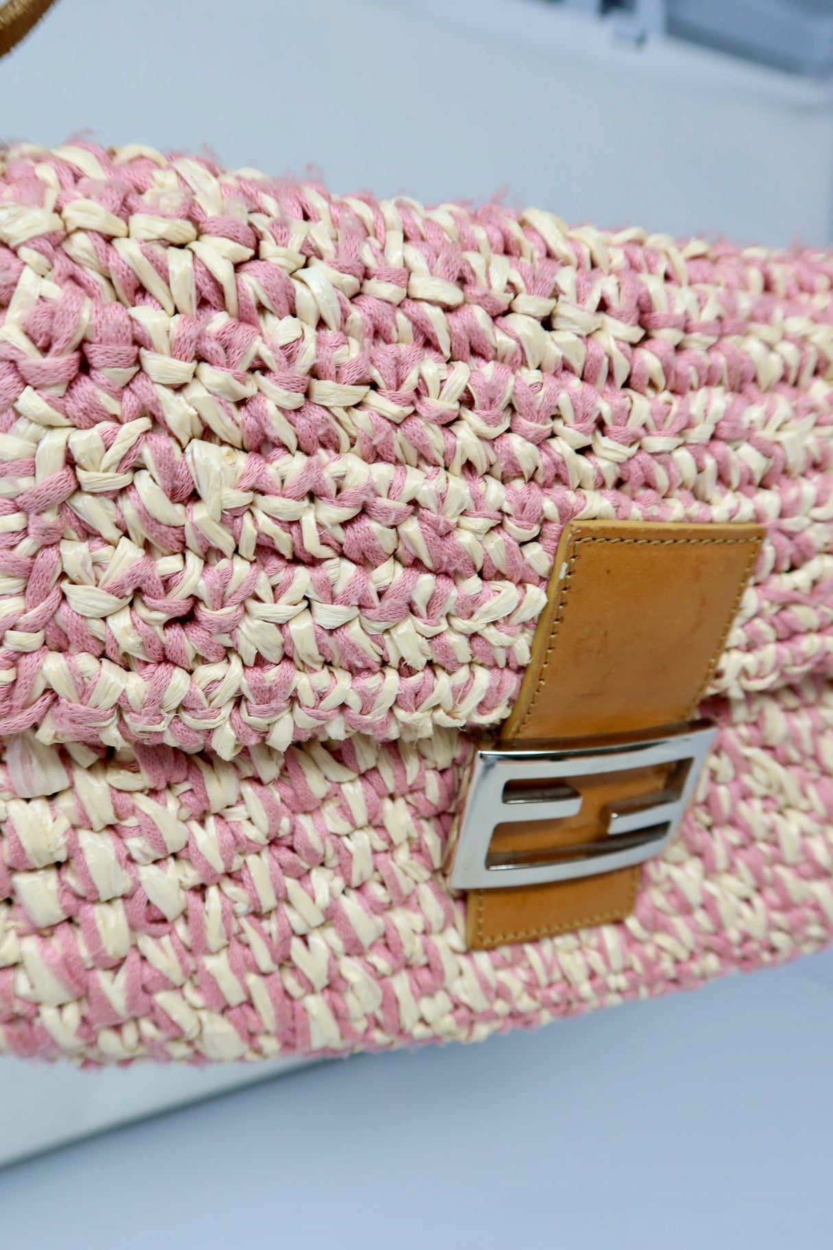 Fendi Pink and White Crochet Baguette - Under $2000